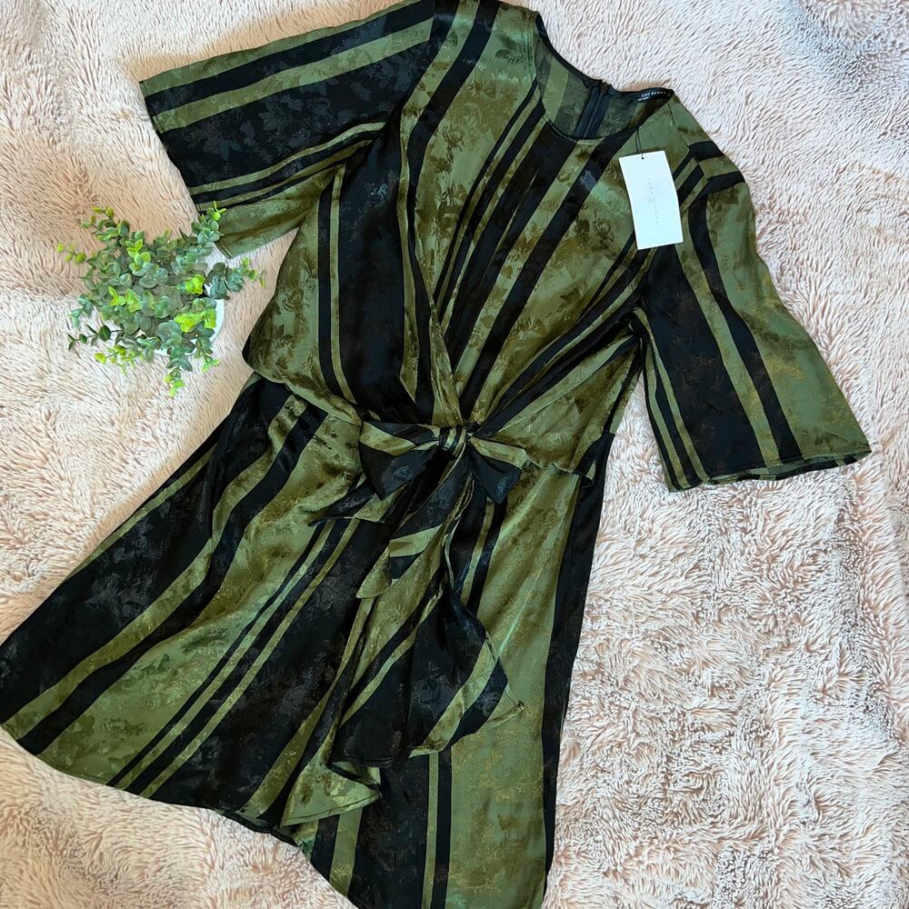 NWT Zara Woman Green & Black Stripe Print Faux Wrap Tie Front Dress - Small